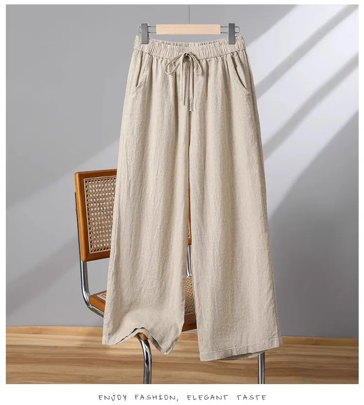 Casual Cotton Linen Wide Leg Pants Women's Summer New Sle Slimming Loose Straight Tube Linen Nine Points Pants