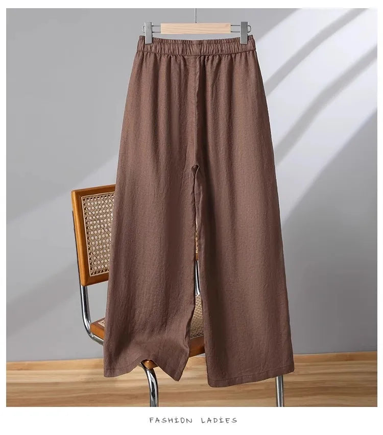 Casual Cotton Linen Wide Leg Pants Women's Summer New Sle Slimming Loose Straight Tube Linen Nine Points Pants