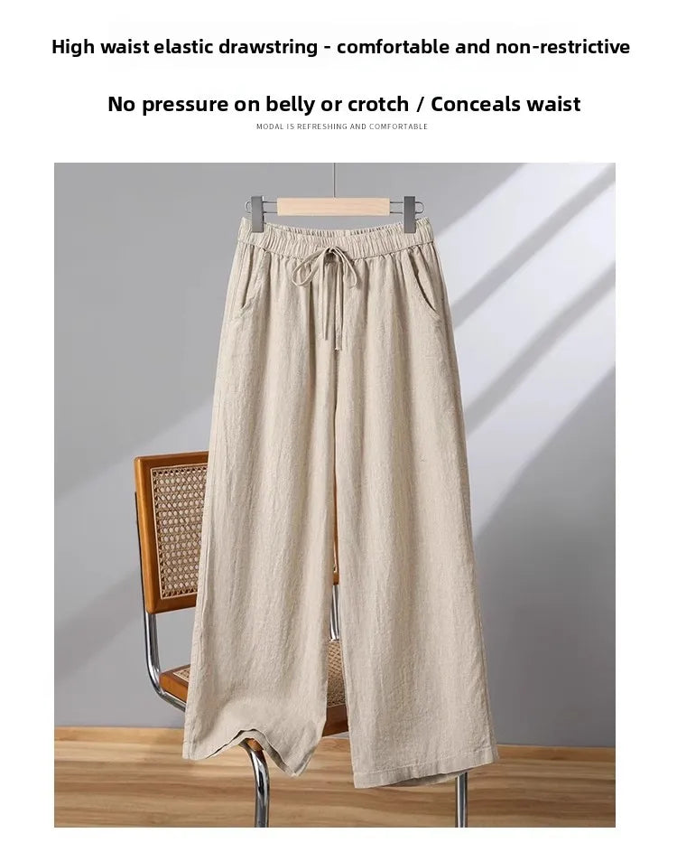 Casual Cotton Linen Wide Leg Pants Women's Summer New Sle Slimming Loose Straight Tube Linen Nine Points Pants