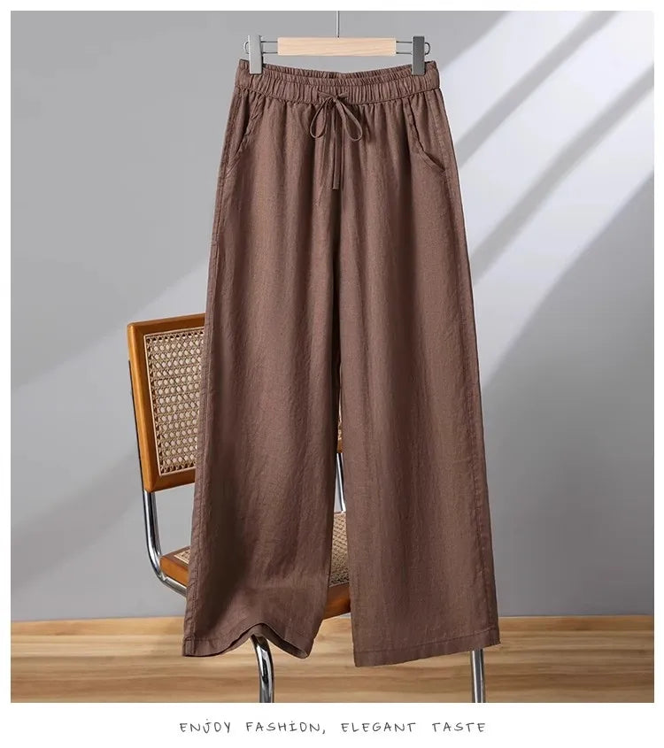 Casual Cotton Linen Wide Leg Pants Women's Summer New Sle Slimming Loose Straight Tube Linen Nine Points Pants
