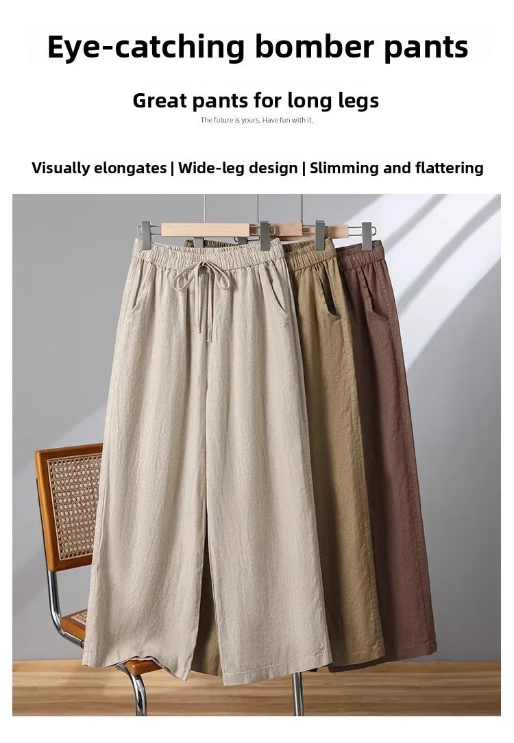 Casual Cotton Linen Wide Leg Pants Women's Summer New Sle Slimming Loose Straight Tube Linen Nine Points Pants