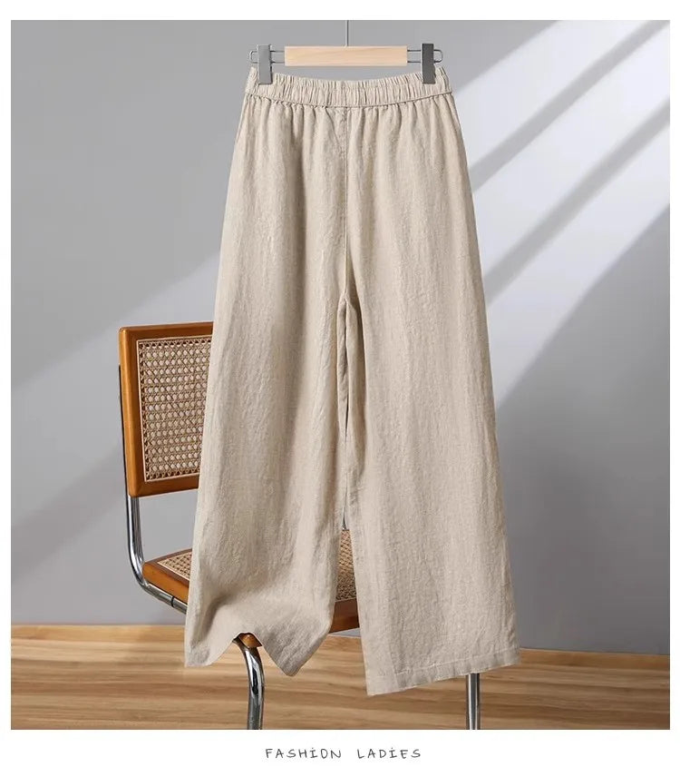 Casual Cotton Linen Wide Leg Pants Women's Summer New Sle Slimming Loose Straight Tube Linen Nine Points Pants