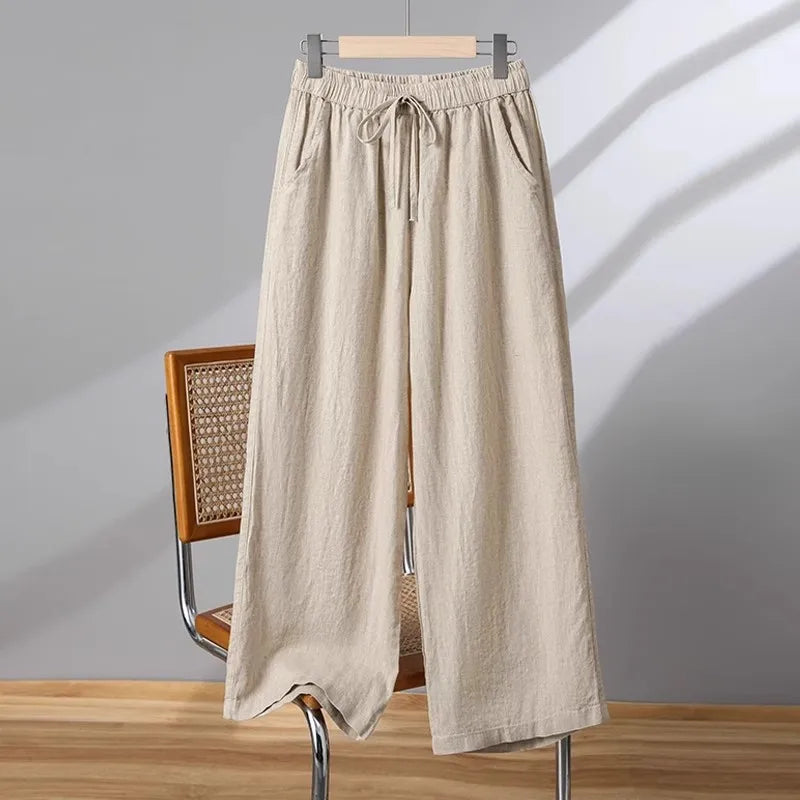Casual Cotton Linen Wide Leg Pants Women's Summer New Sle Slimming Loose Straight Tube Linen Nine Points Pants