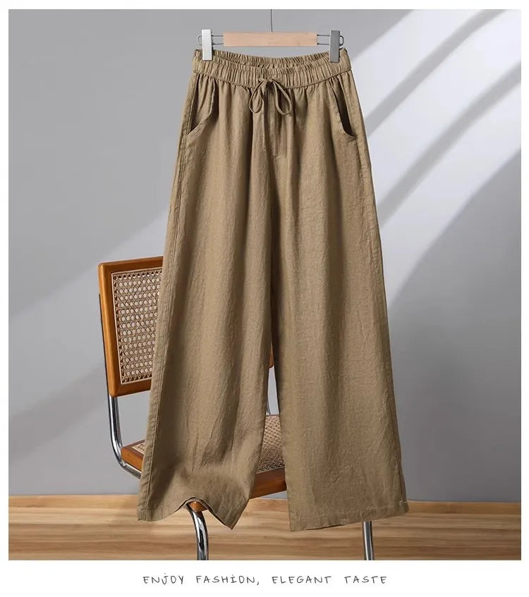 Casual Cotton Linen Wide Leg Pants Women's Summer New Sle Slimming Loose Straight Tube Linen Nine Points Pants